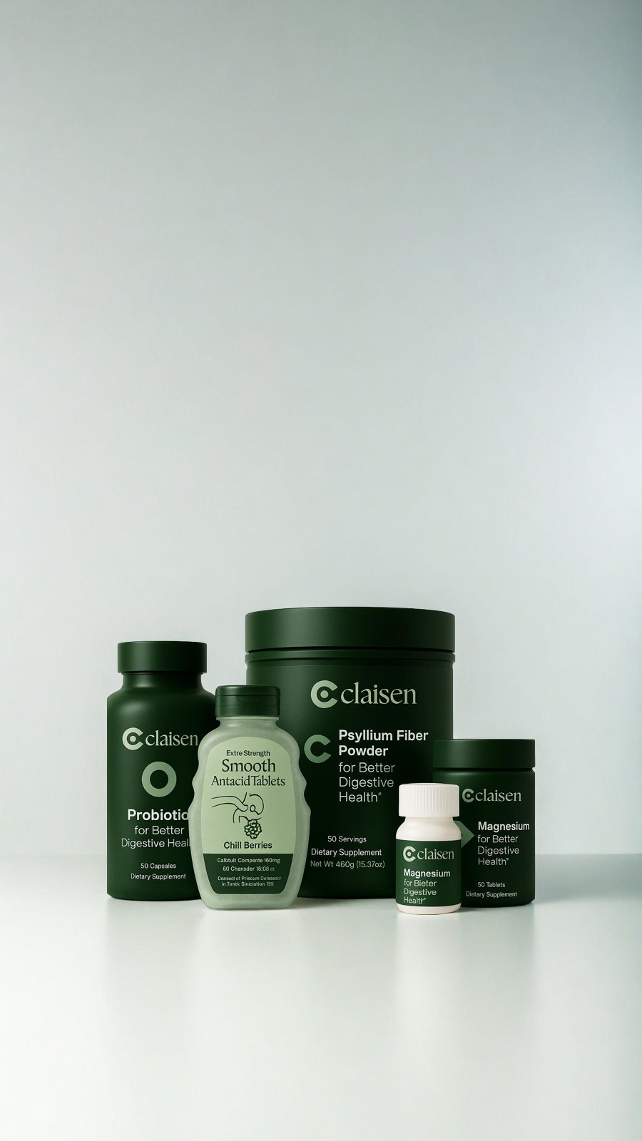 Five green dietary supplement containers on a white background.