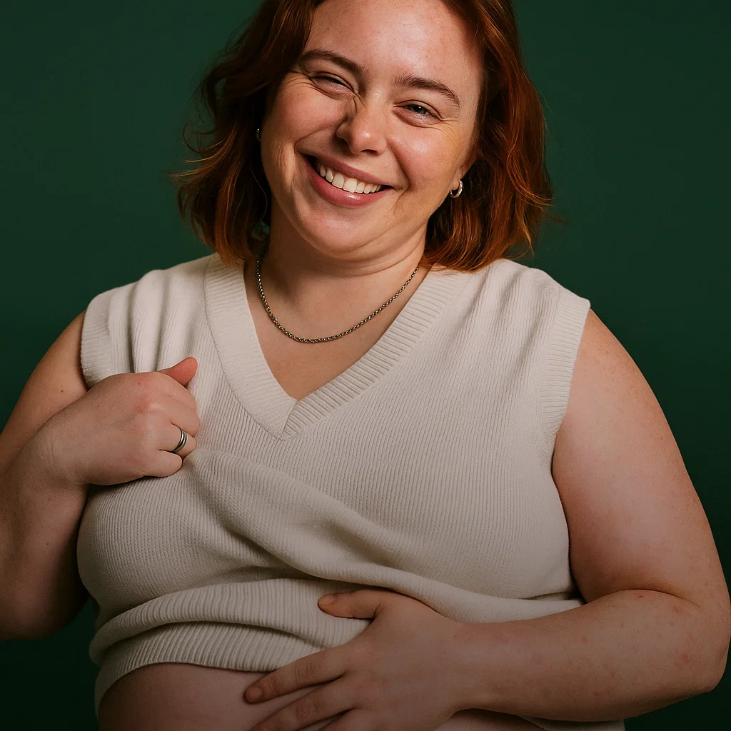 Smiling person in a sleeveless top against a green background.