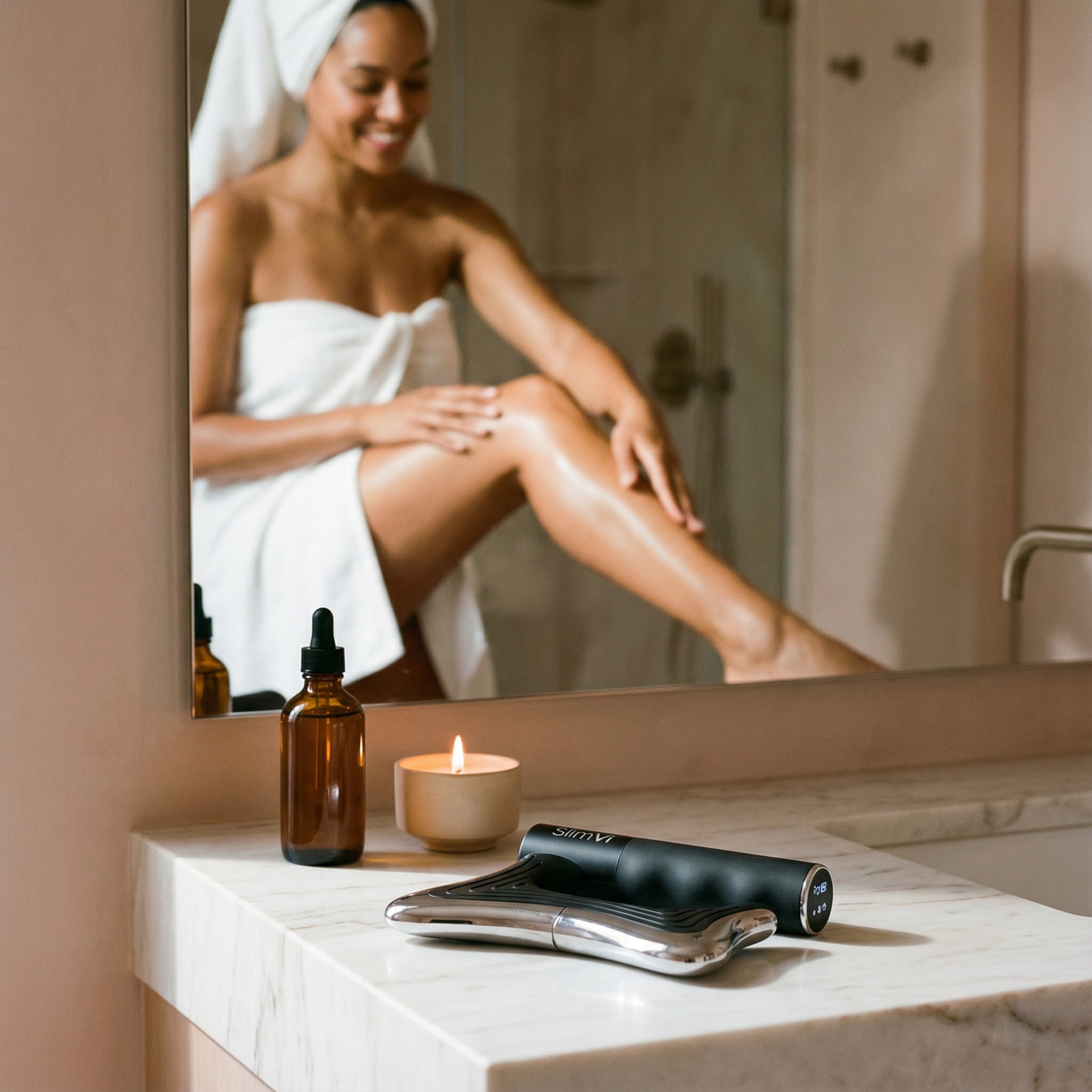 Woman in towel reflected in mirror, skincare items on counter.