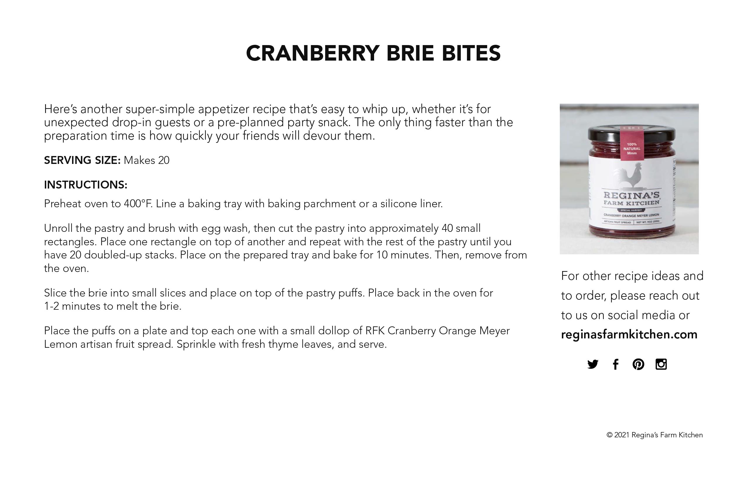 Recipe for Cranberry Brie Bites with an image of Regina's Farm Kitchen spread.