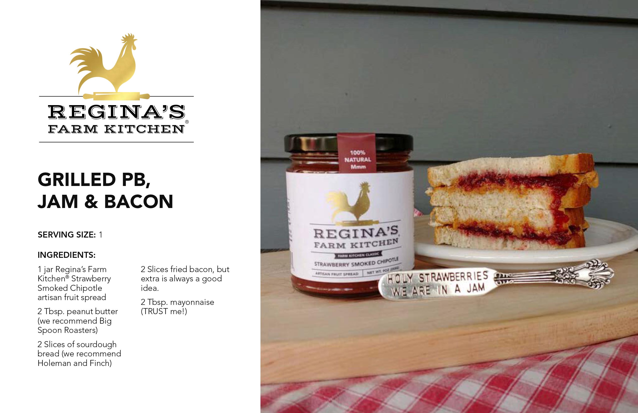 Jar and sandwich on a plate with jam, peanut butter, and bacon ingredients listed.
