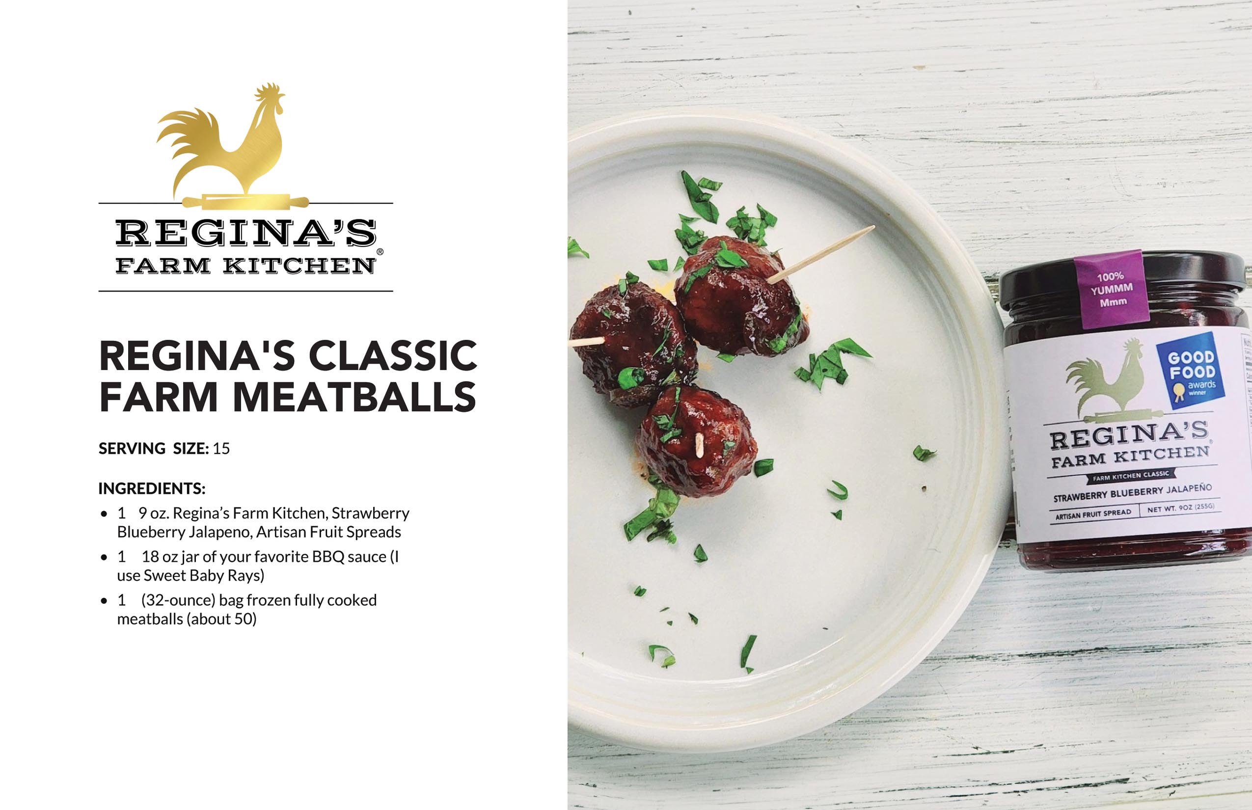 Plate of meatballs with sauce and herbs next to a jar of fruit spread.