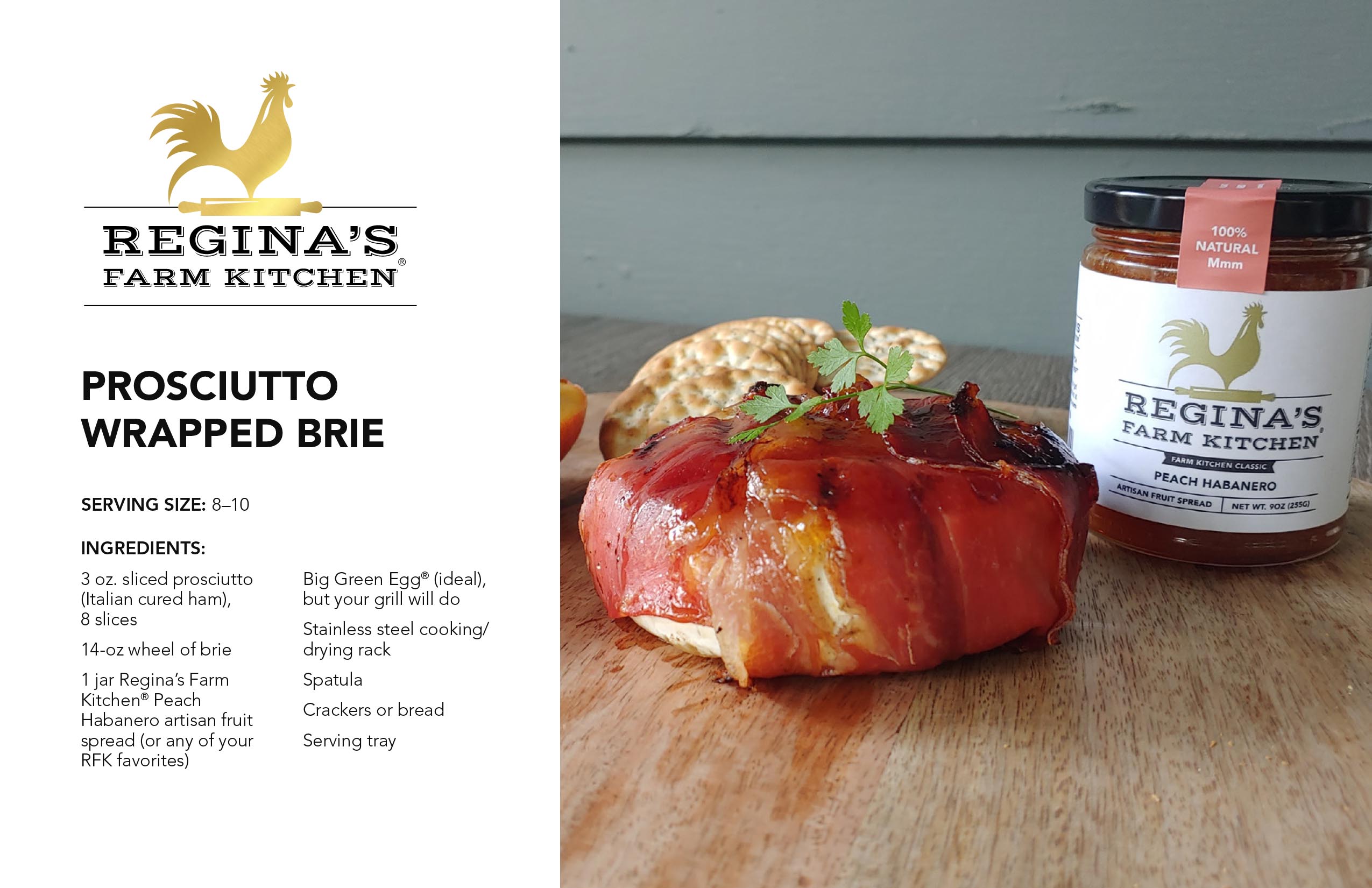 Prosciutto-wrapped brie with peach habanero spread and crackers on a wooden board.