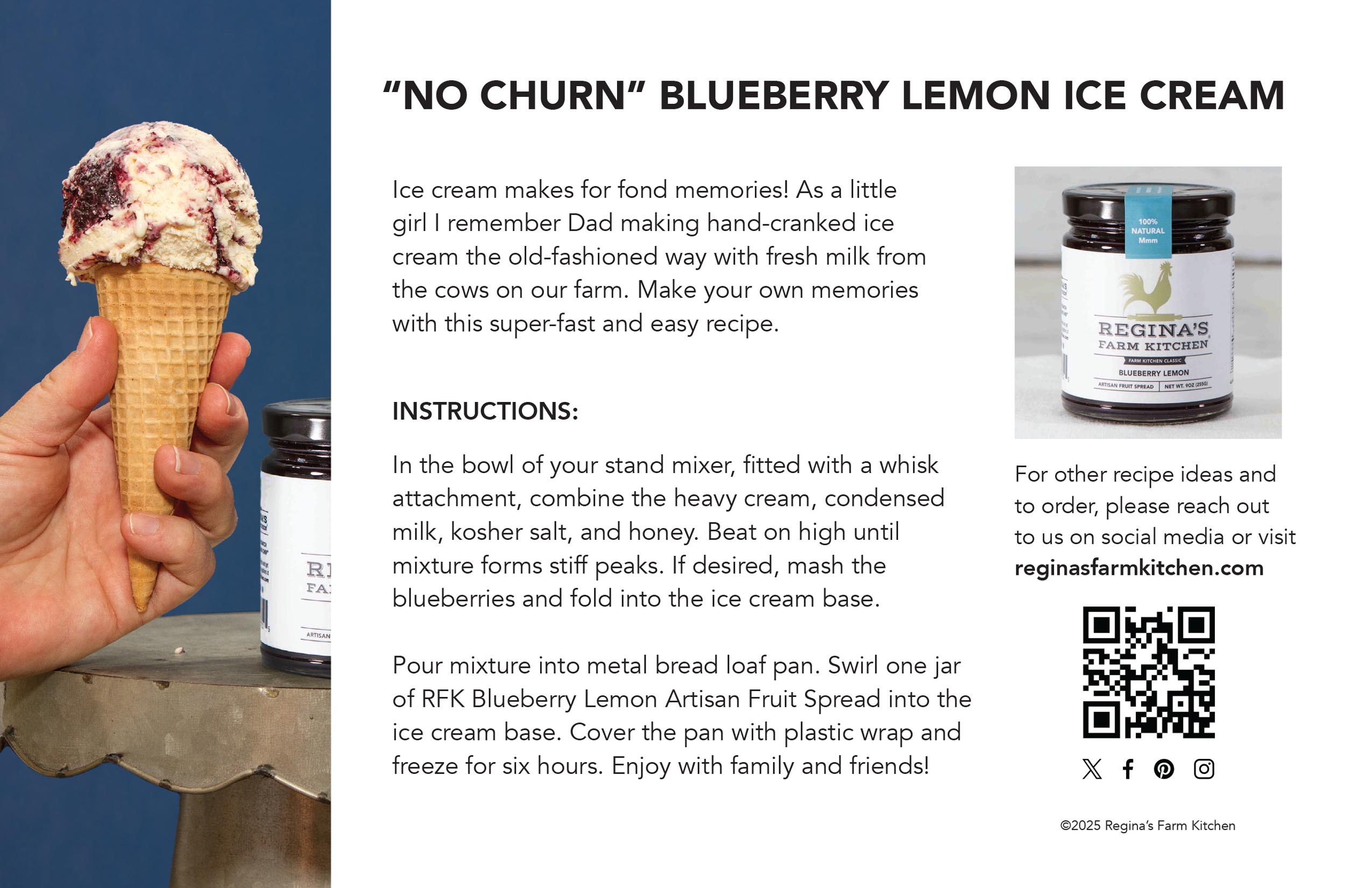 Hand holding blueberry lemon ice cream cone beside jam jar and recipe.