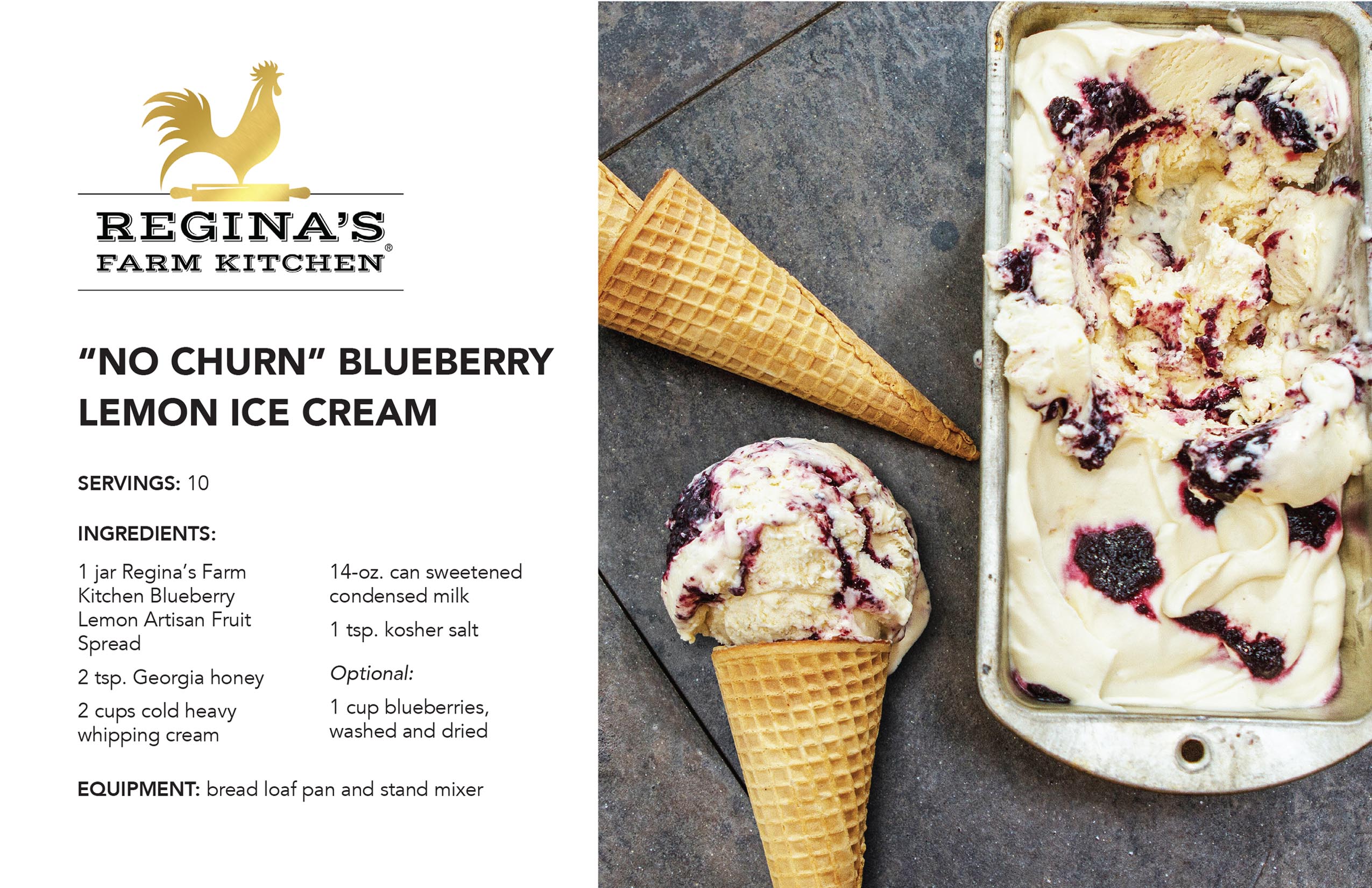 'No churn' blueberry lemon ice cream recipe with ingredients and serving suggestion.