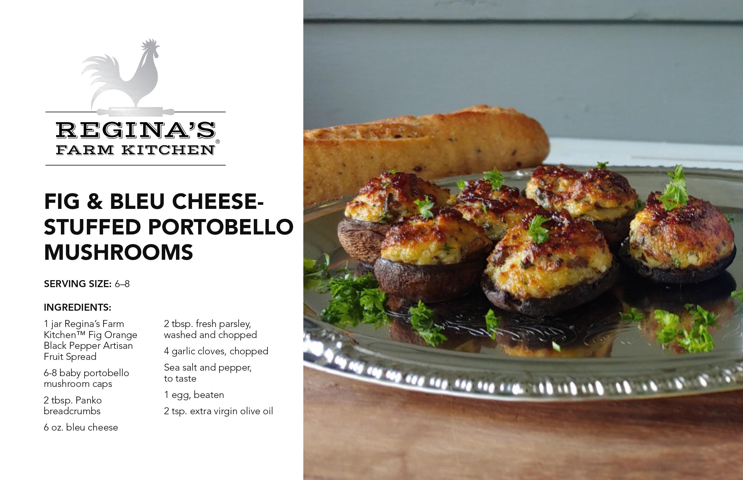 Stuffed portobello mushrooms with fig and bleu cheese on a silver platter.