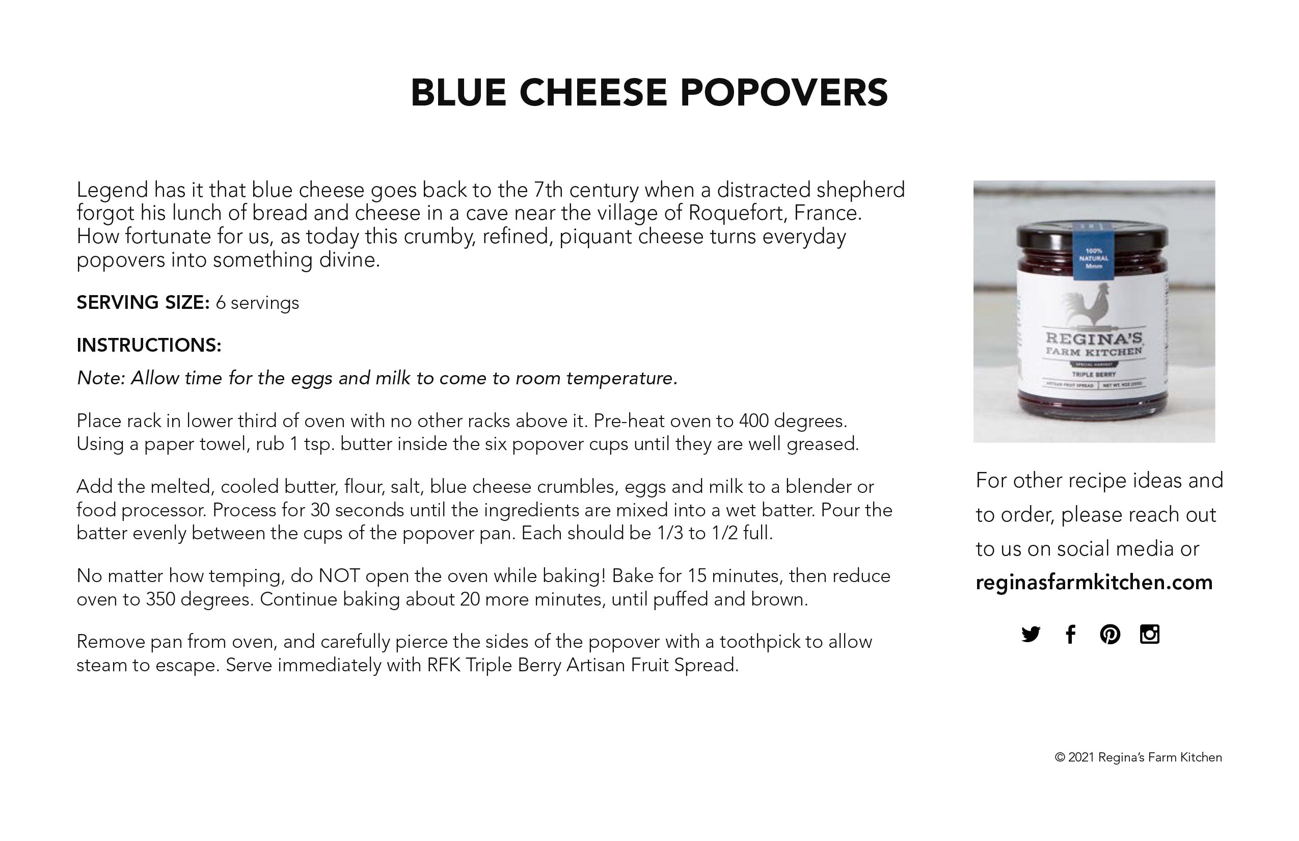 Recipe for blue cheese popovers displayed with a jar of Regina's Farm Kitchen spread.