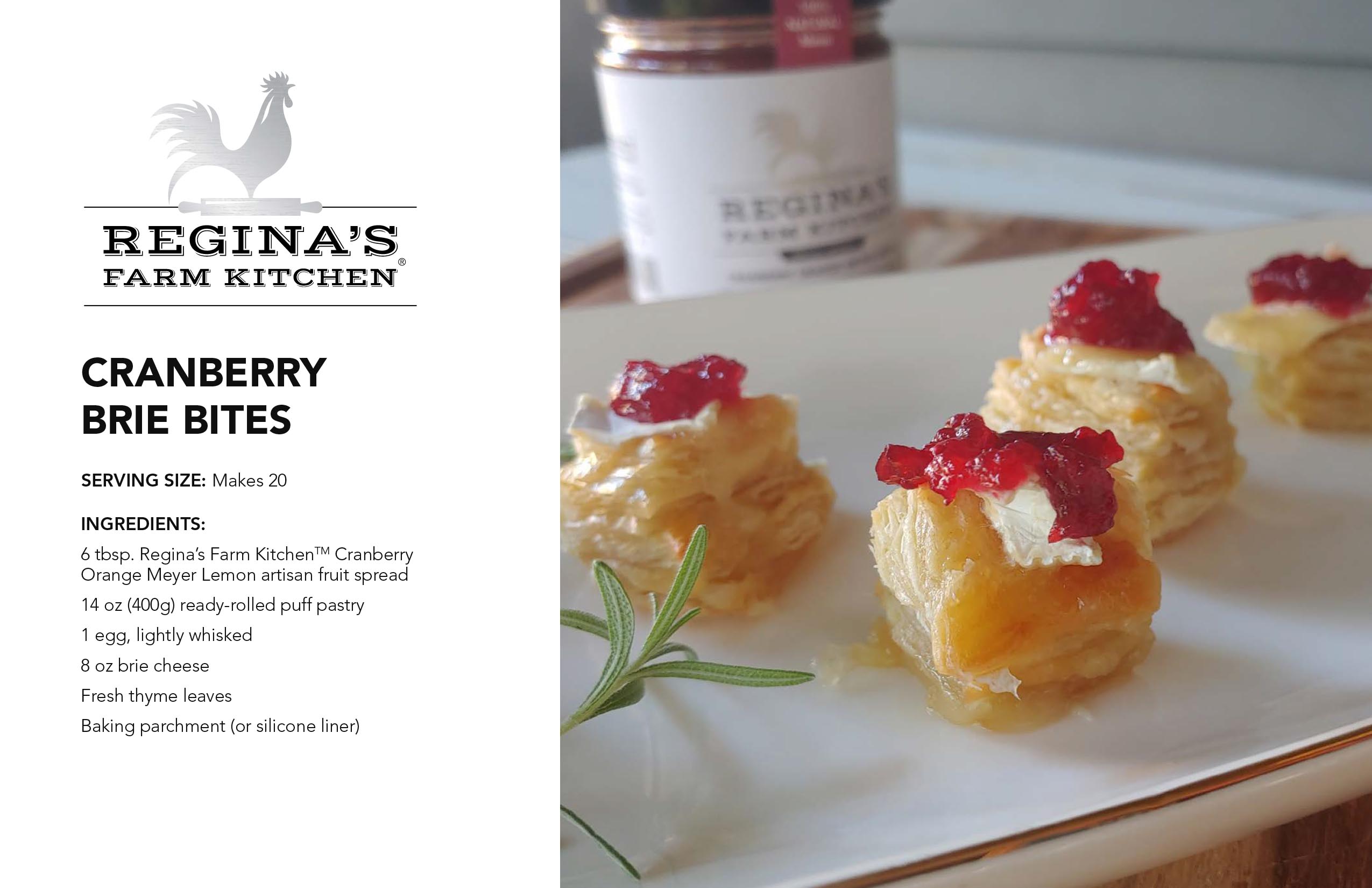 Cranberry Brie Bites with rosemary garnish on a white plate beside a recipe card.
