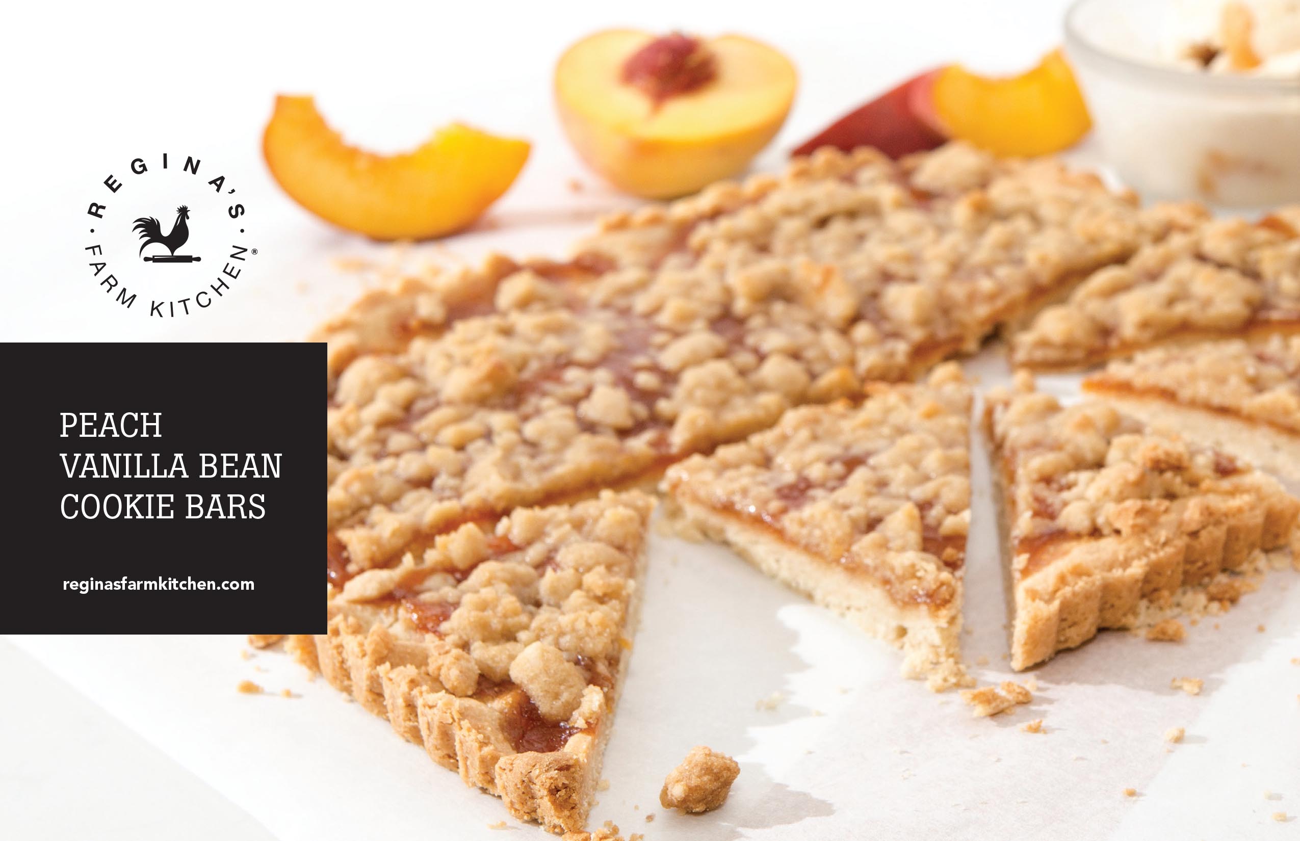 Peach vanilla bean cookie bars with crumble topping, sliced and arranged on a white surface.