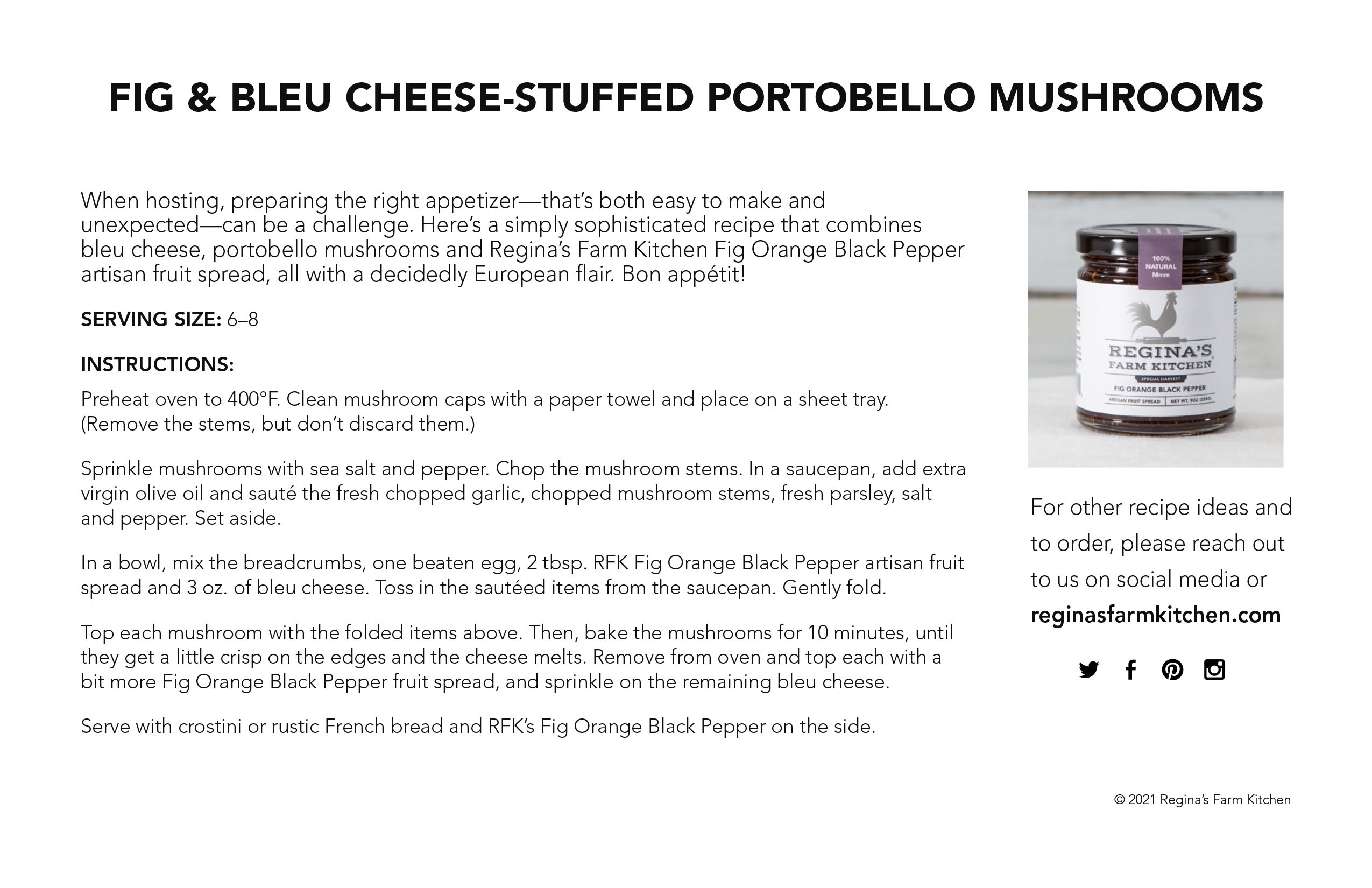 Recipe instructions for fig and bleu cheese-stuffed portobello mushrooms with an image of a preserve jar.