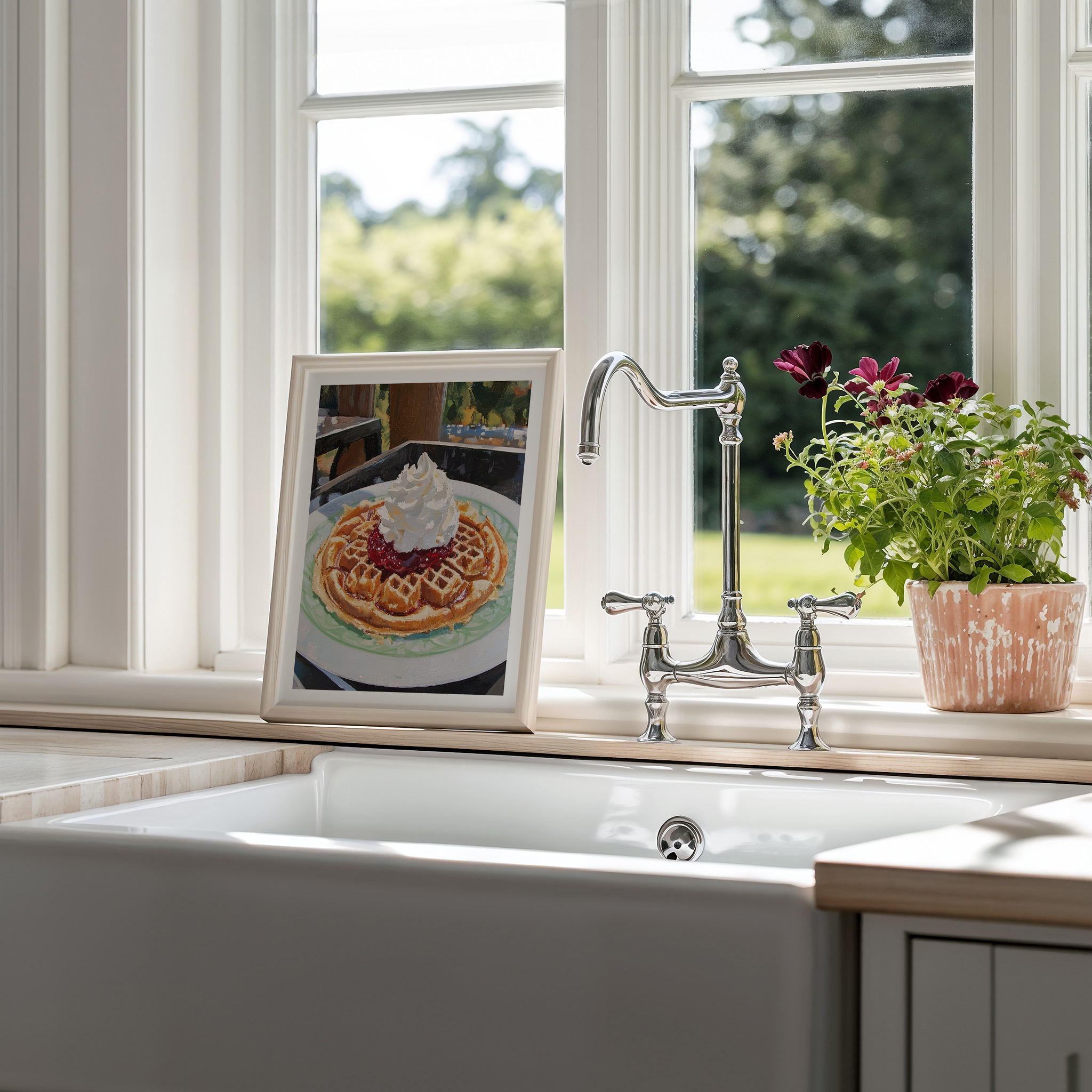 Framed waffle painting on kitchen windowsill beside a potted plant and sink.