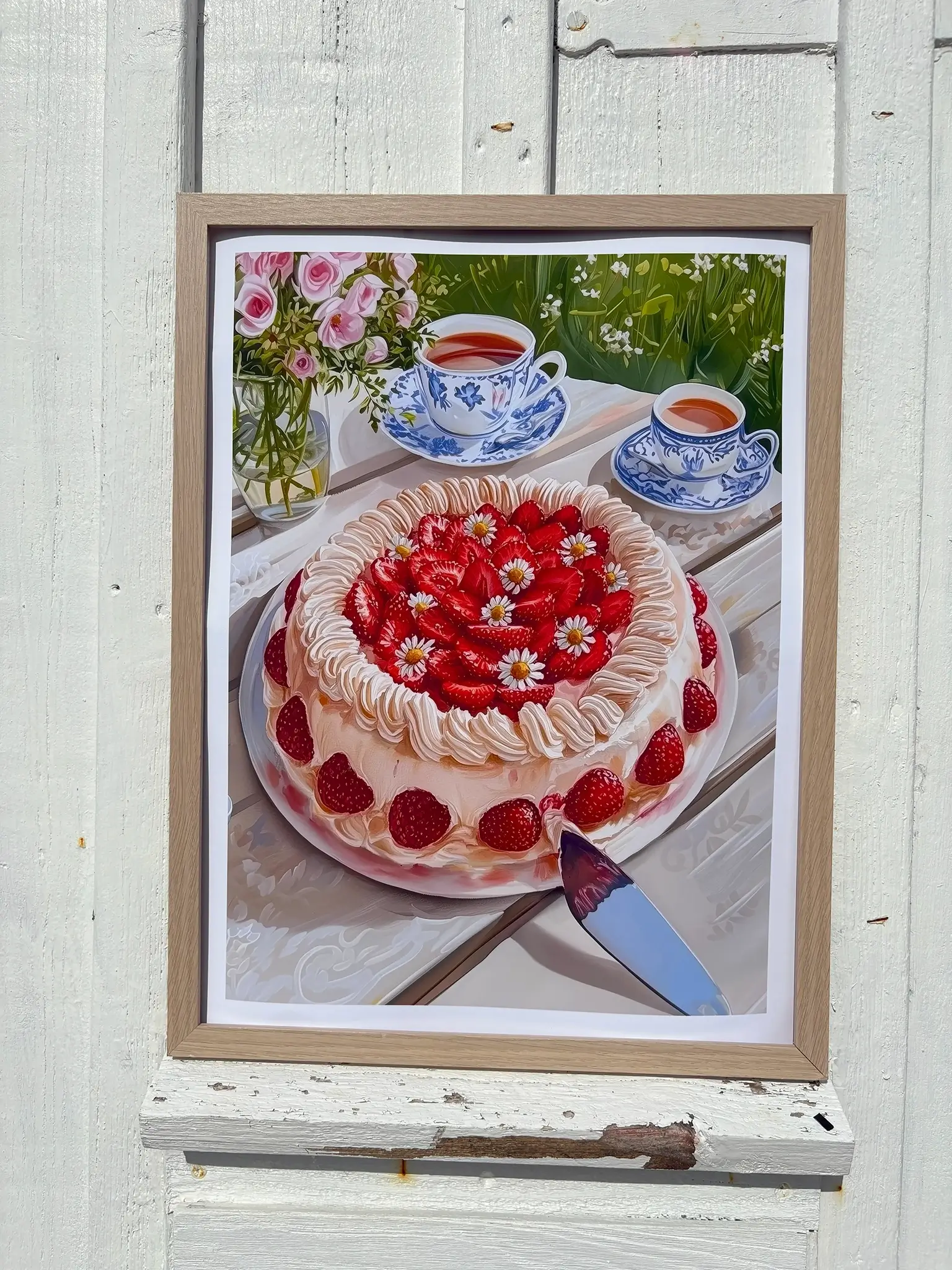 Framed painting of a strawberry cake with tea cups and flowers.