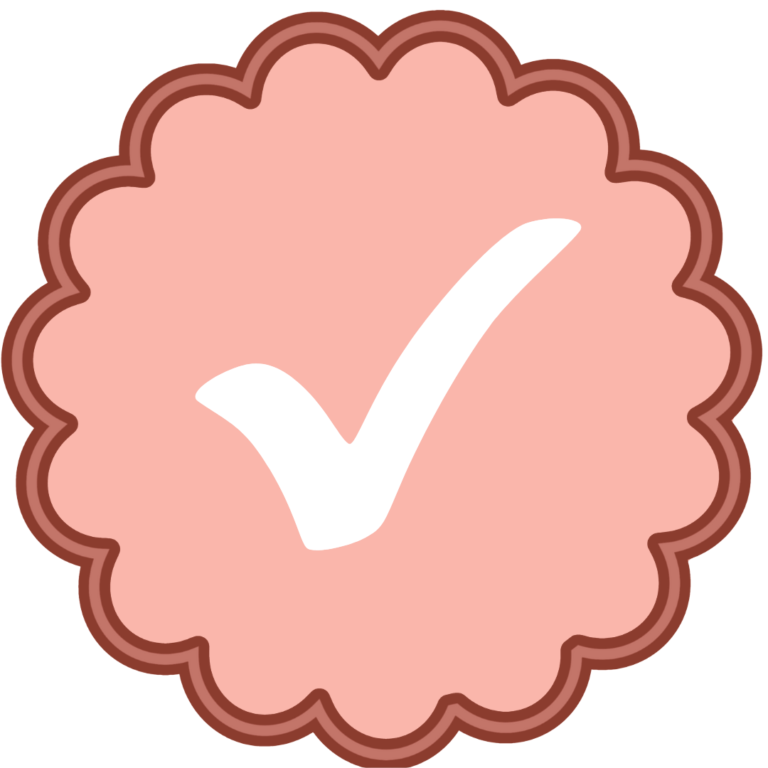 Pink badge with a white checkmark in the center.