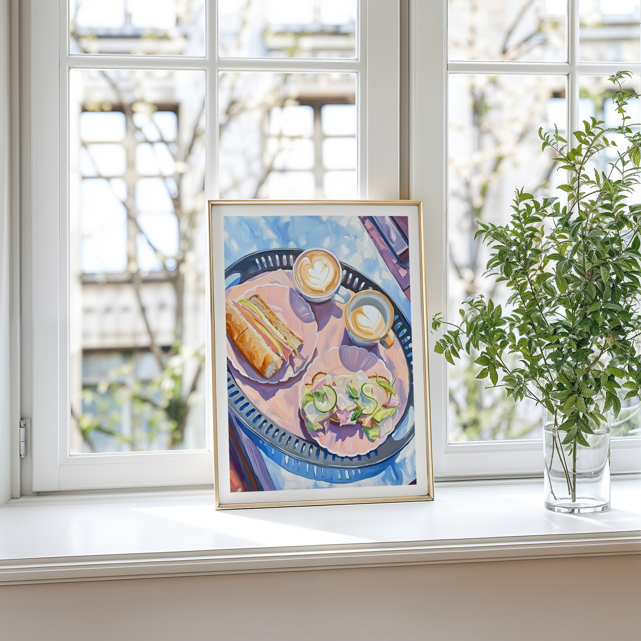 Framed painting of food and drinks on a windowsill beside a potted plant.