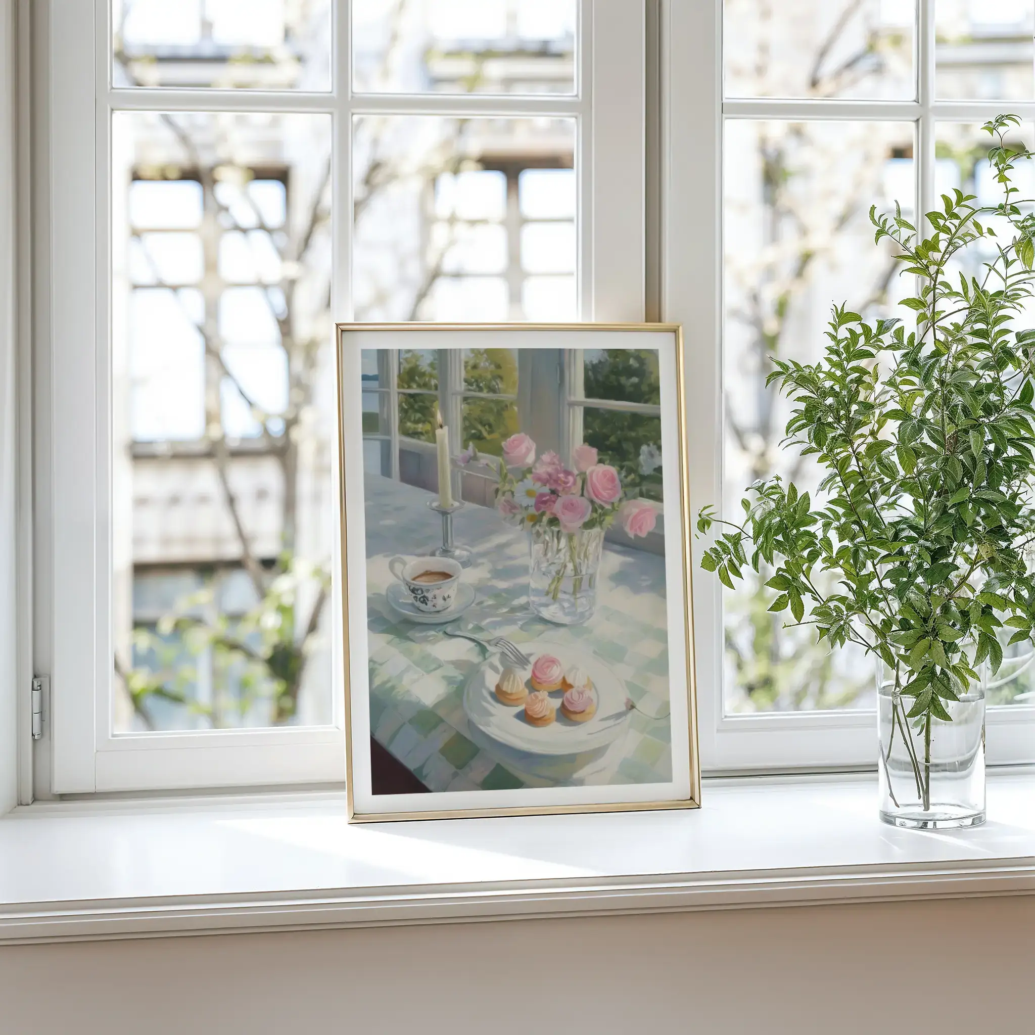 Framed painting of a table with flowers and pastries on a windowsill.