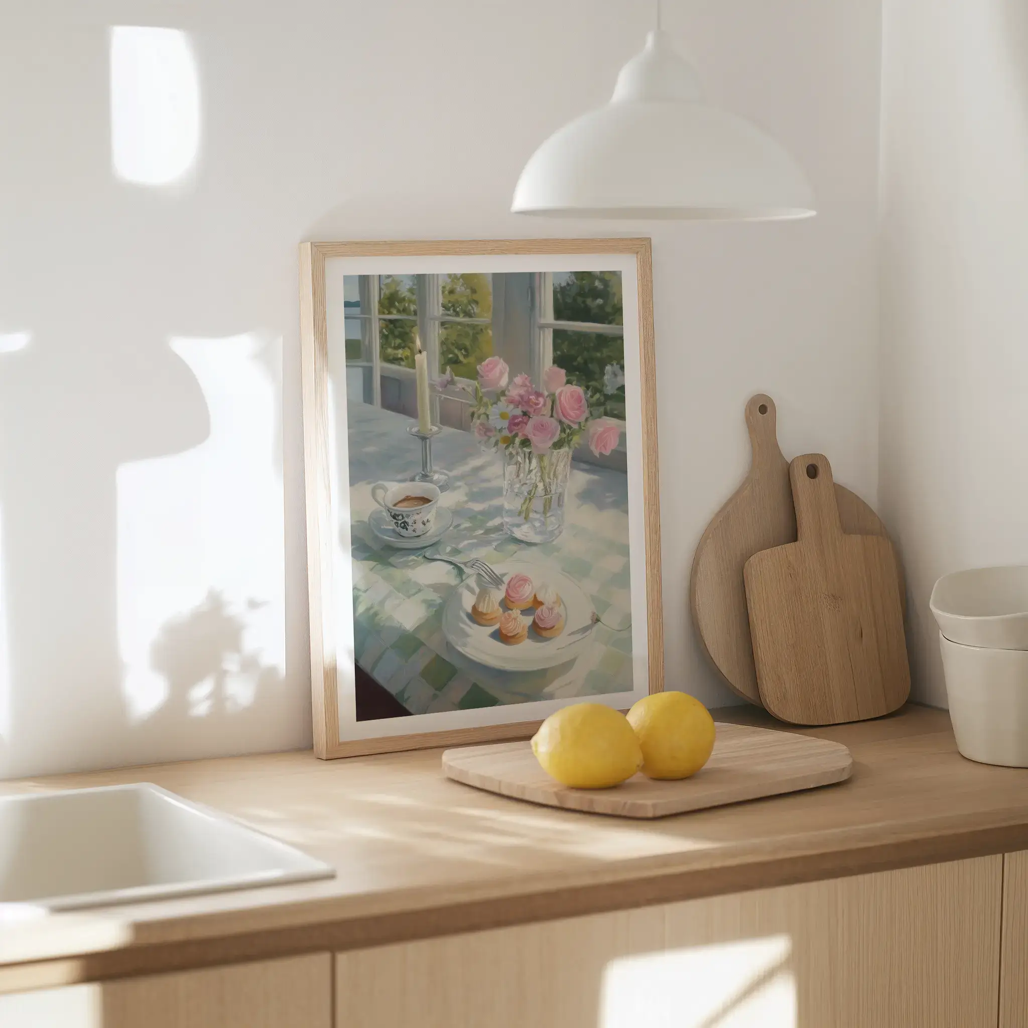 Framed painting of a table with flowers and pastries, next to lemons on a kitchen counter.
