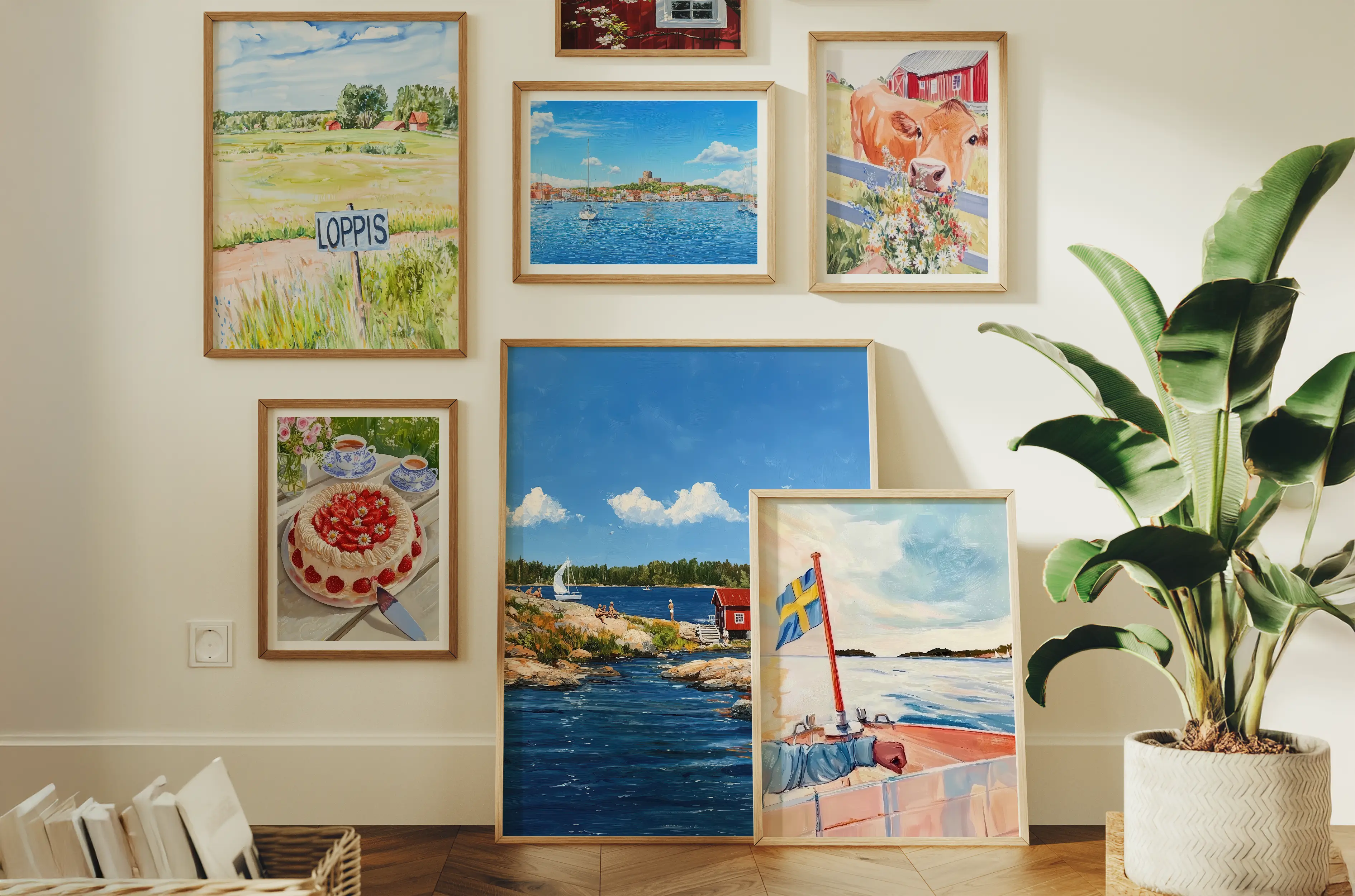 A wall with framed paintings of landscapes, a cow, and a cake, next to a potted plant.