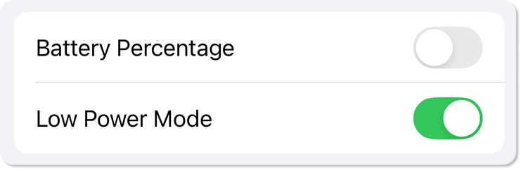 Settings with Battery Percentage off and Low Power Mode on.