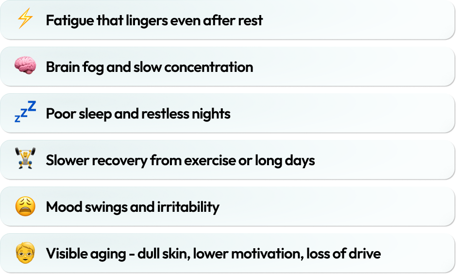 List of symptoms with corresponding emojis for fatigue and aging effects.