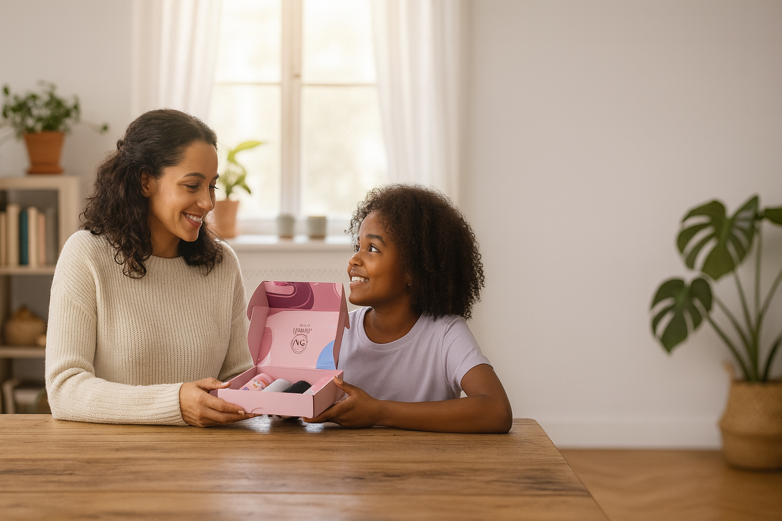 Two people sitting on a blanket, one holding a pink box with fabric.