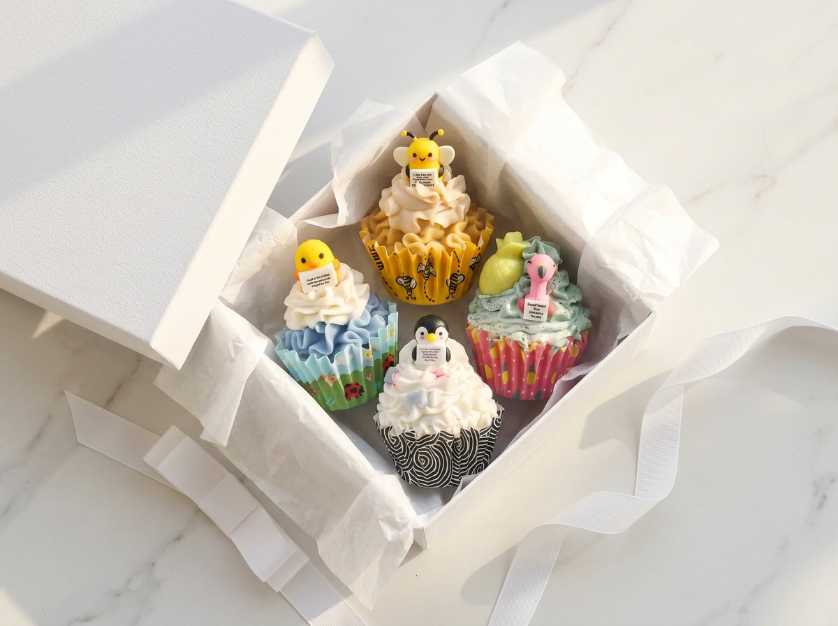 Overhead view of gift box with four cupcake soaps in white box with tissue paper on marble surface