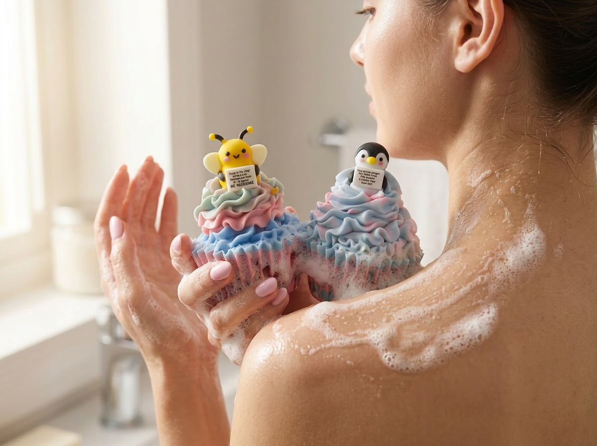Woman using cupcake soap on her shoulder while showering, demonstrating the product's gentle application on skin