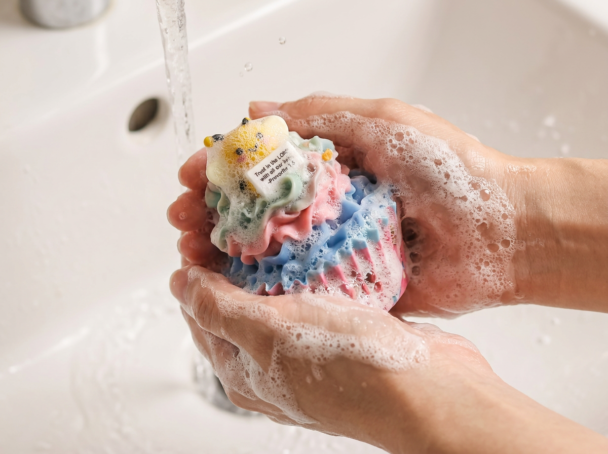 A pair of hands lathering a colorful, bee-shaped soap sponge under running water in a sink.