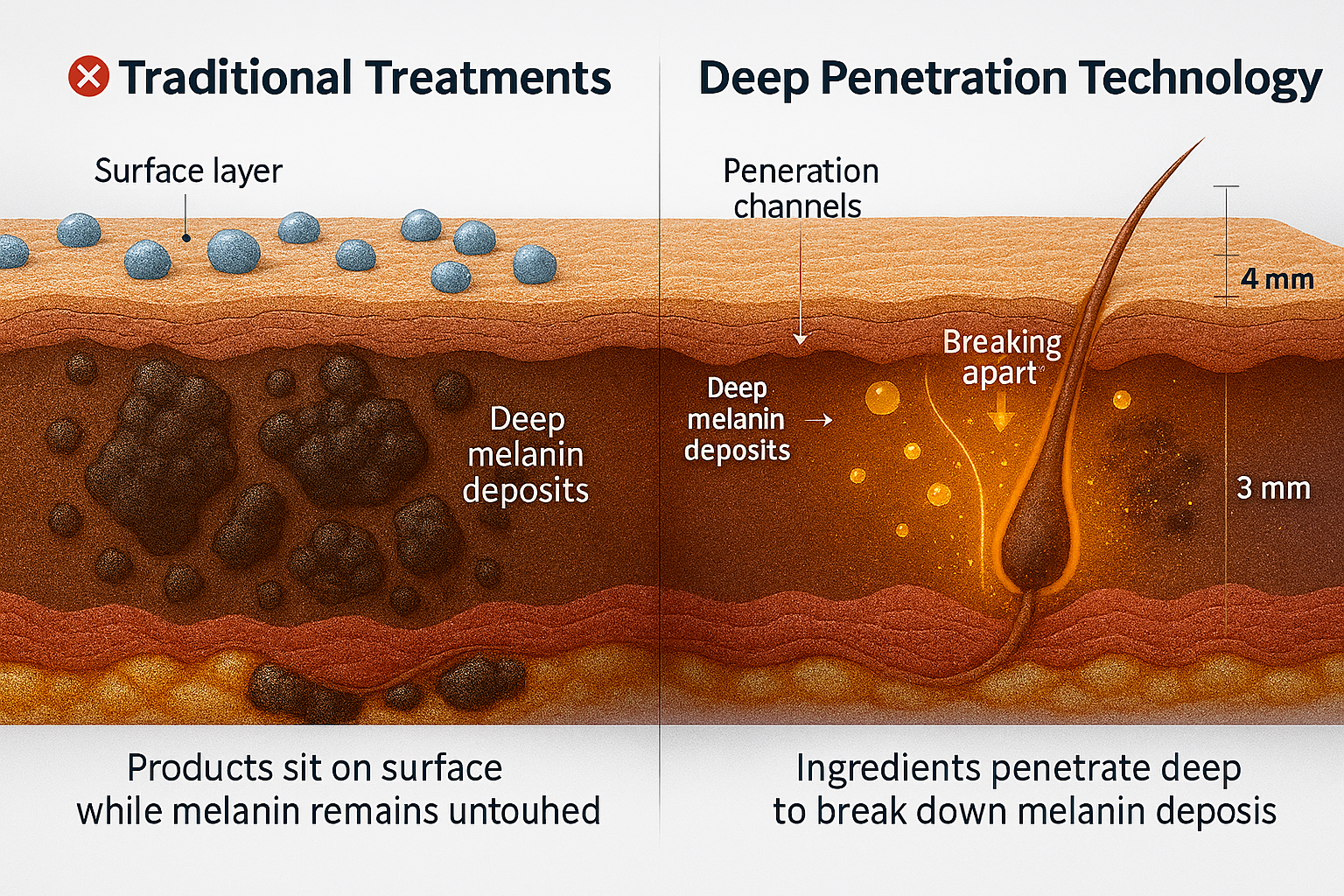 Comparison of traditional treatments and deep penetration technology for melanin deposits in skin layers.
