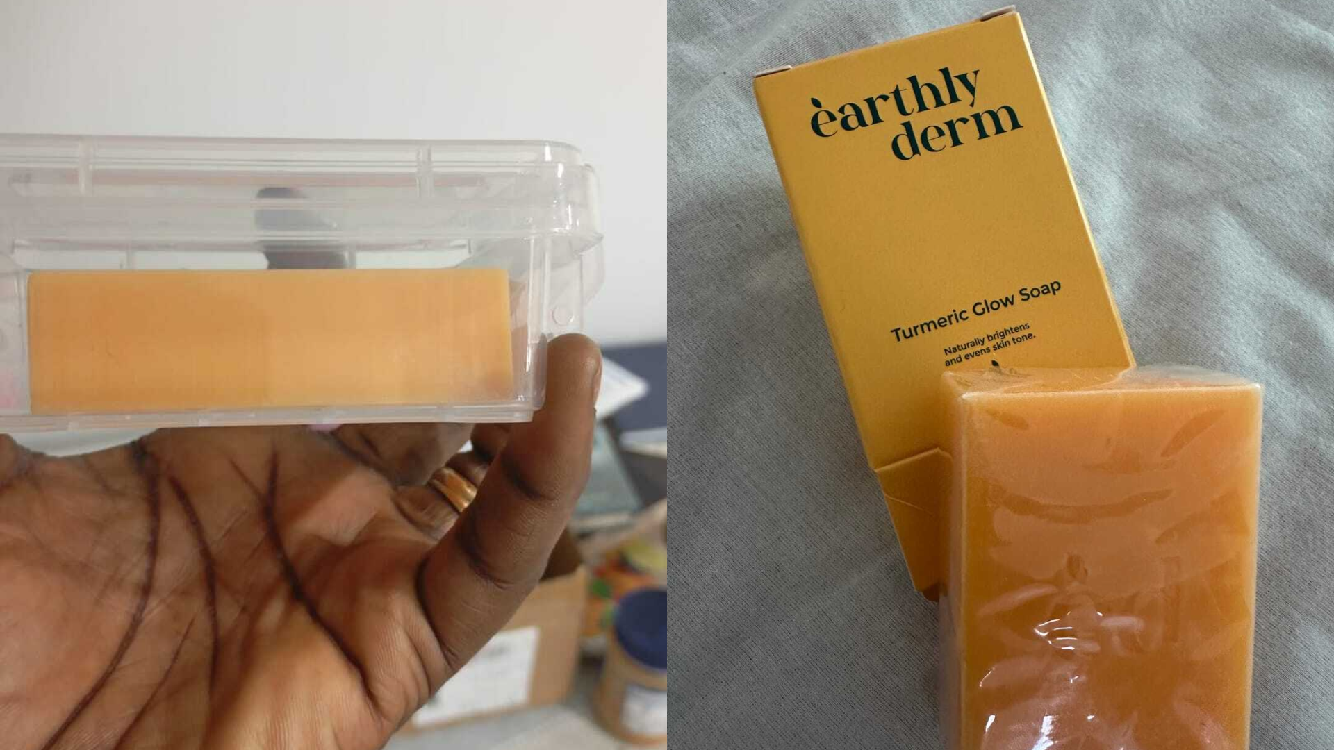 Two images of turmeric glow soap, one in packaging, one in a hand.