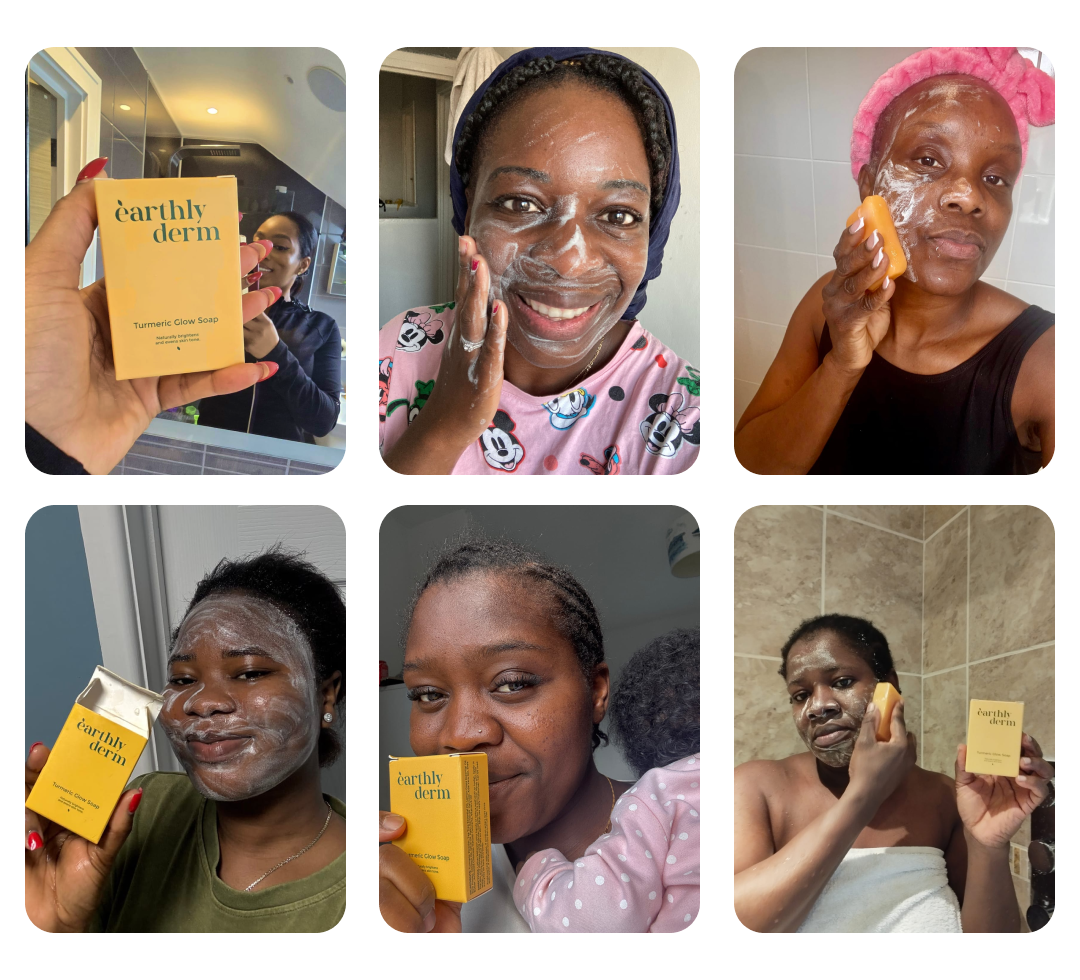 Collage of people using Earthly Derm Turmeric Glow Soap on their faces.