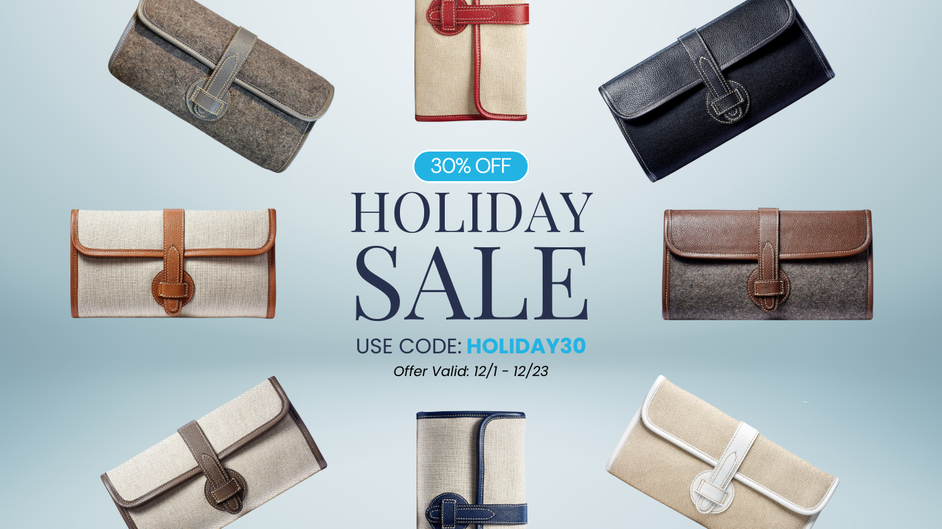 Collection of wallets with 'Holiday Sale' promotion text.