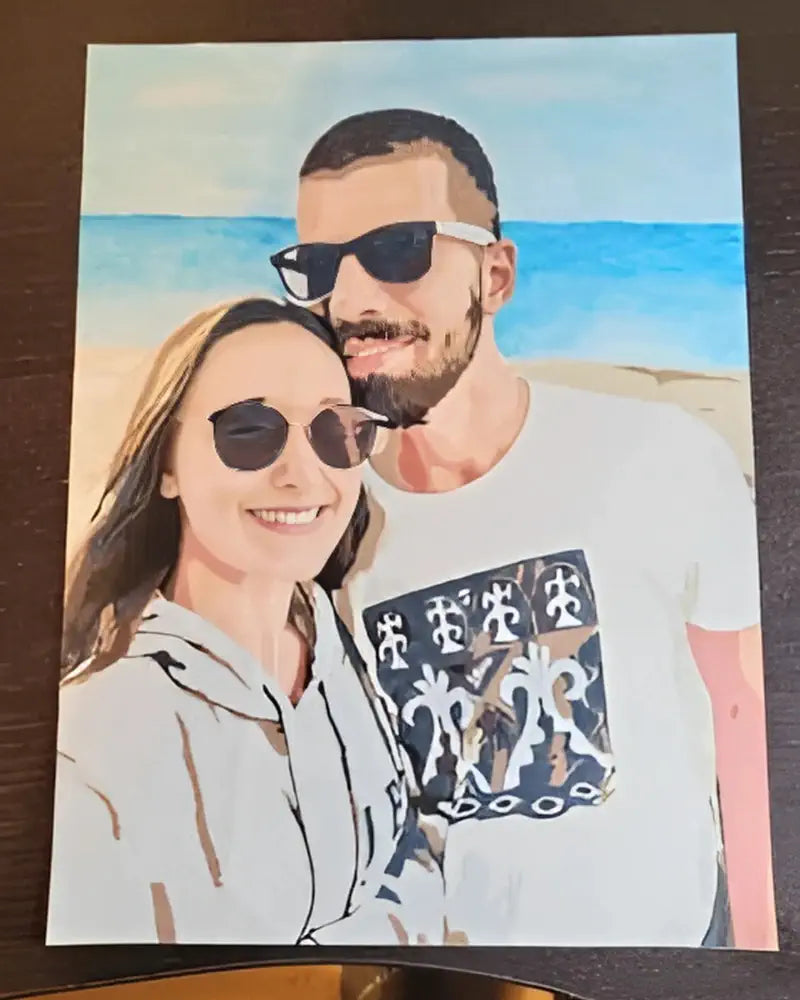Illustration of a smiling couple wearing sunglasses at the beach.