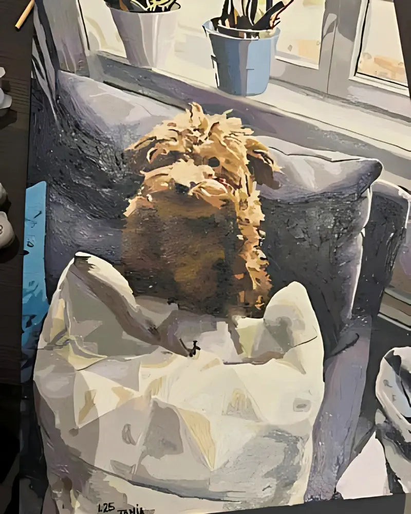 Painting of a dog on a couch with potted plants on a windowsill.