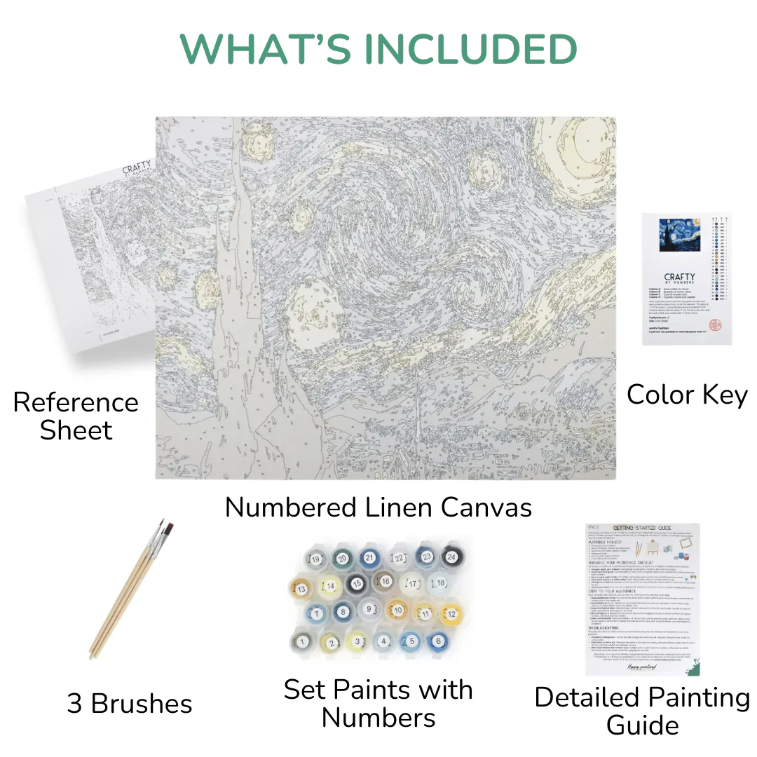 Paint-by-numbers kit with canvas, brushes, paints, reference sheet, color key, and painting guide.
