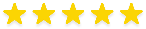 Five gold stars in a row on a transparent background.
