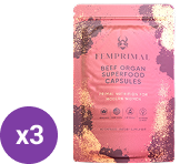 Pink package of beef organ superfood capsules with a purple circle showing 'x3'.