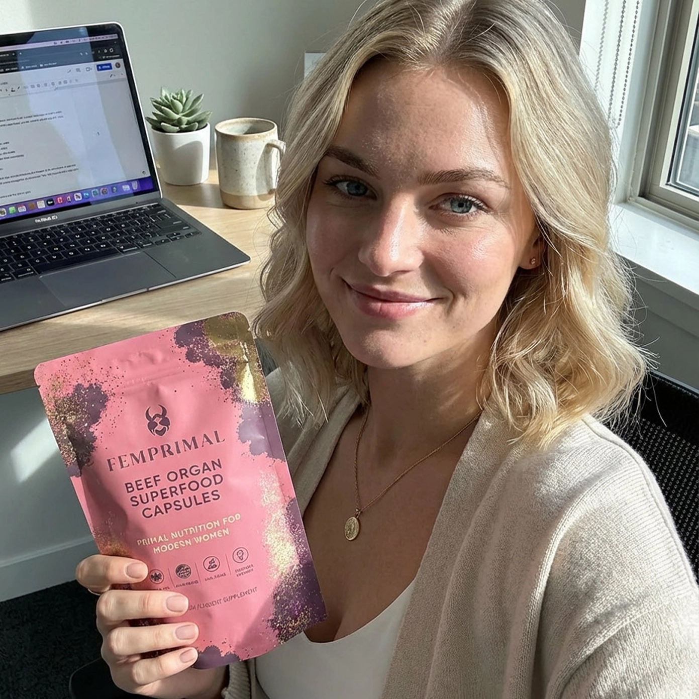 Person holding a pink package labeled 'FEMPRIMAL Beef Organ Superfood Capsules' near a laptop.