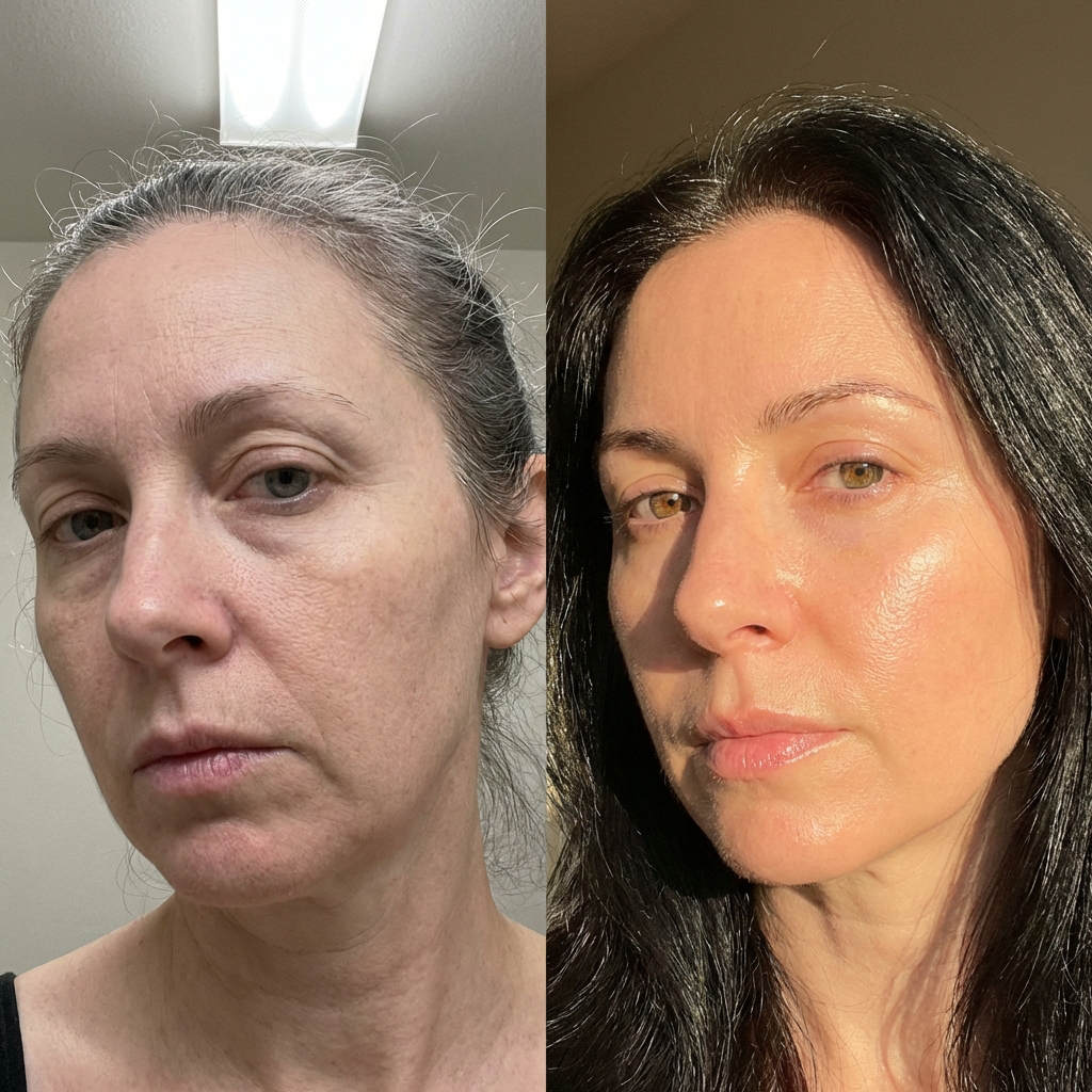 A side-by-side, before-and-after image of a woman, showing changes in her hair color and skin appearance.