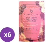 Pink packaging of beef organ superfood capsules with a purple 'x6' circle.