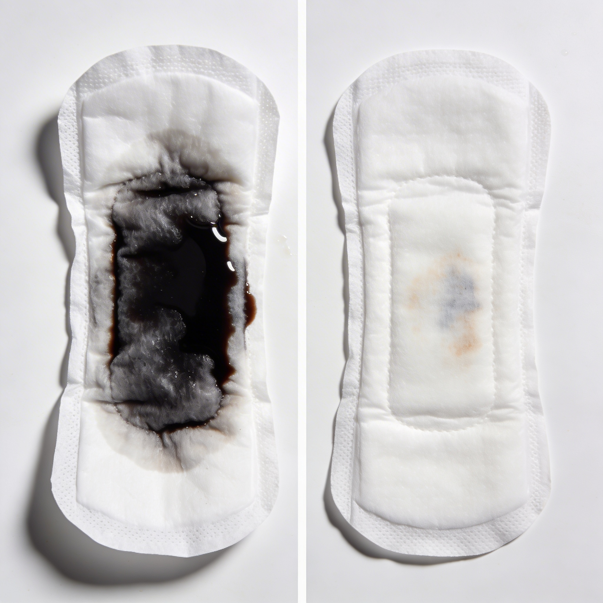 A side-by-side comparison of two sanitary pads, one heavily soiled with dark fluid and one lightly stained.