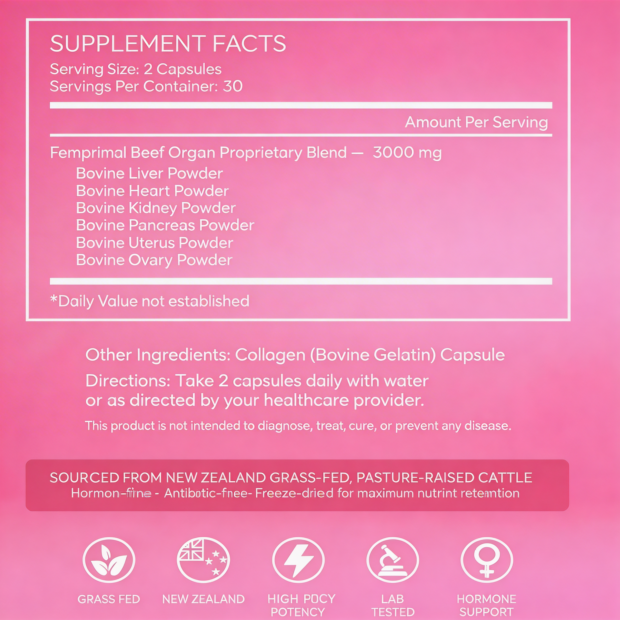 The supplement facts label for Femprimal Beef Organ Proprietary Blend, shown against a pink background.