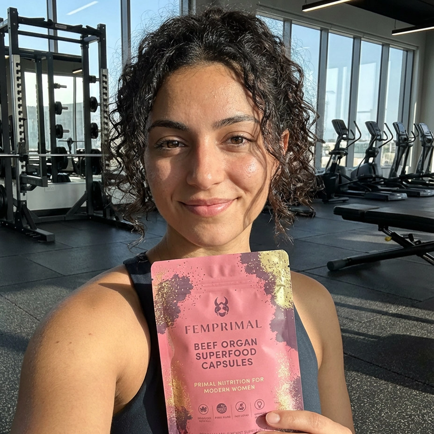 Person holding a package of superfood capsules in a gym with exercise equipment.
