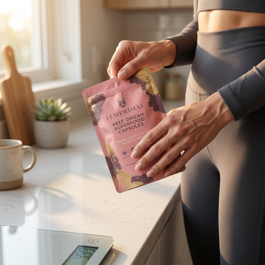 A person in athletic wear holds a pink and gold pouch of Femprimal superfood capsules in a kitchen.