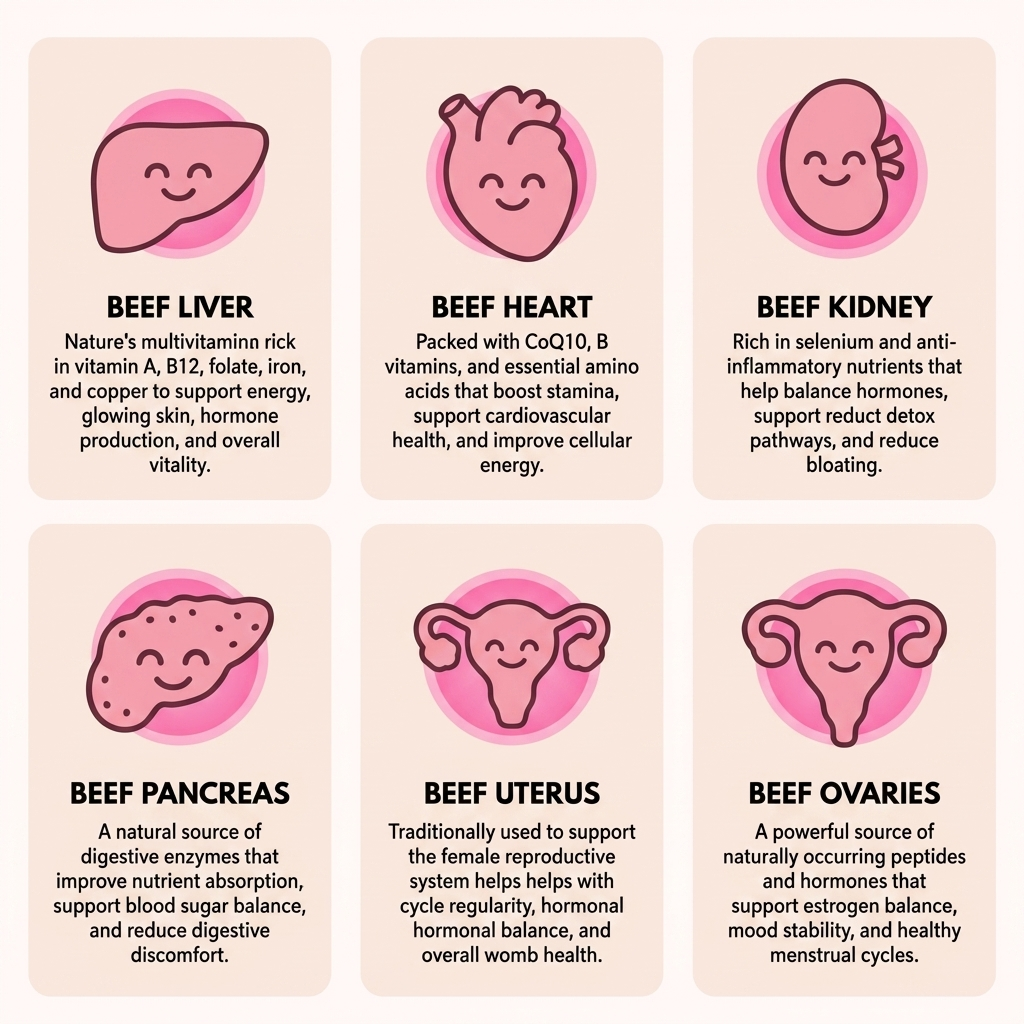Infographic showing cartoon illustrations of six beef organs with text describing their respective health benefits.