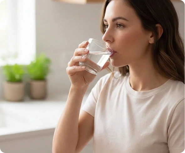 Person drinking a glass of water in a kitchen setting.