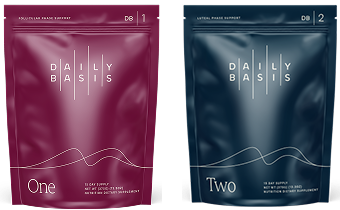 Two boxes of DailyBasis supplements, Balance and Replenish, are shown side-by-side on a white background.