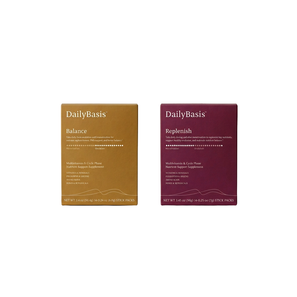 DailyBasis Cycle Routine Balance and Replenish supplement boxes side by side