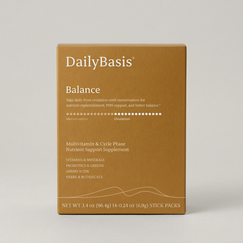 A box and single-serving packet of DailyBasis Balance nutrient support supplement against a light background.