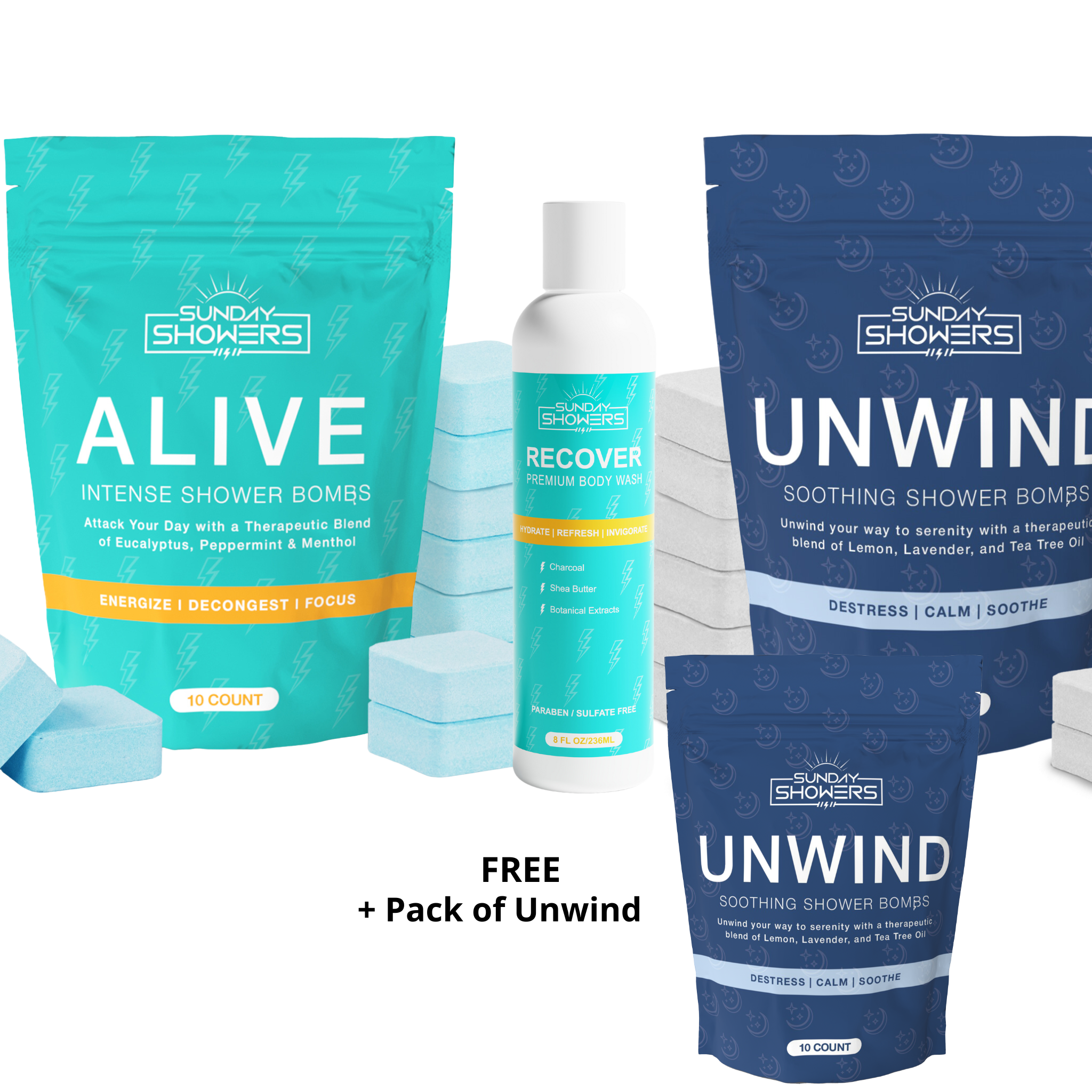 Product packaging for shower bombs and body wash with blue and green designs.