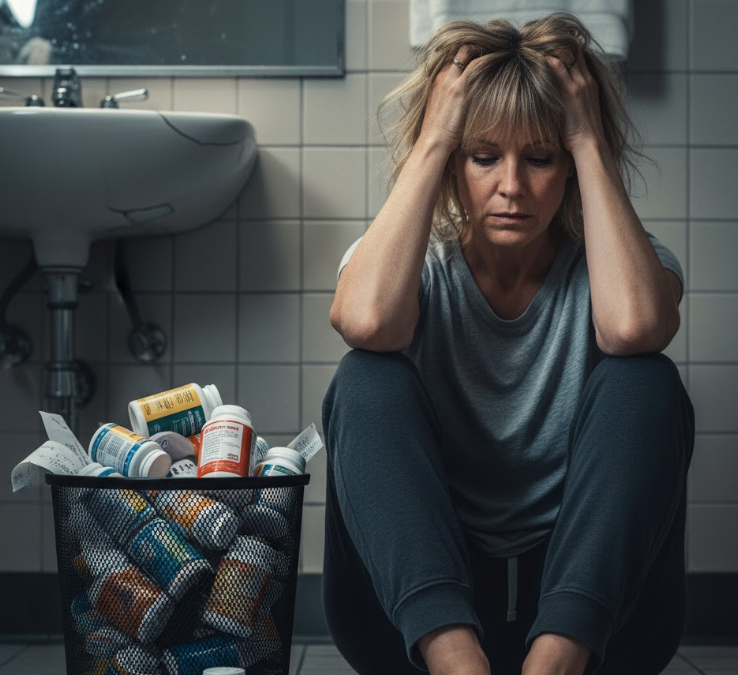 Woman sitting on bathroom floor near overflowing trash bin of pill bottles.